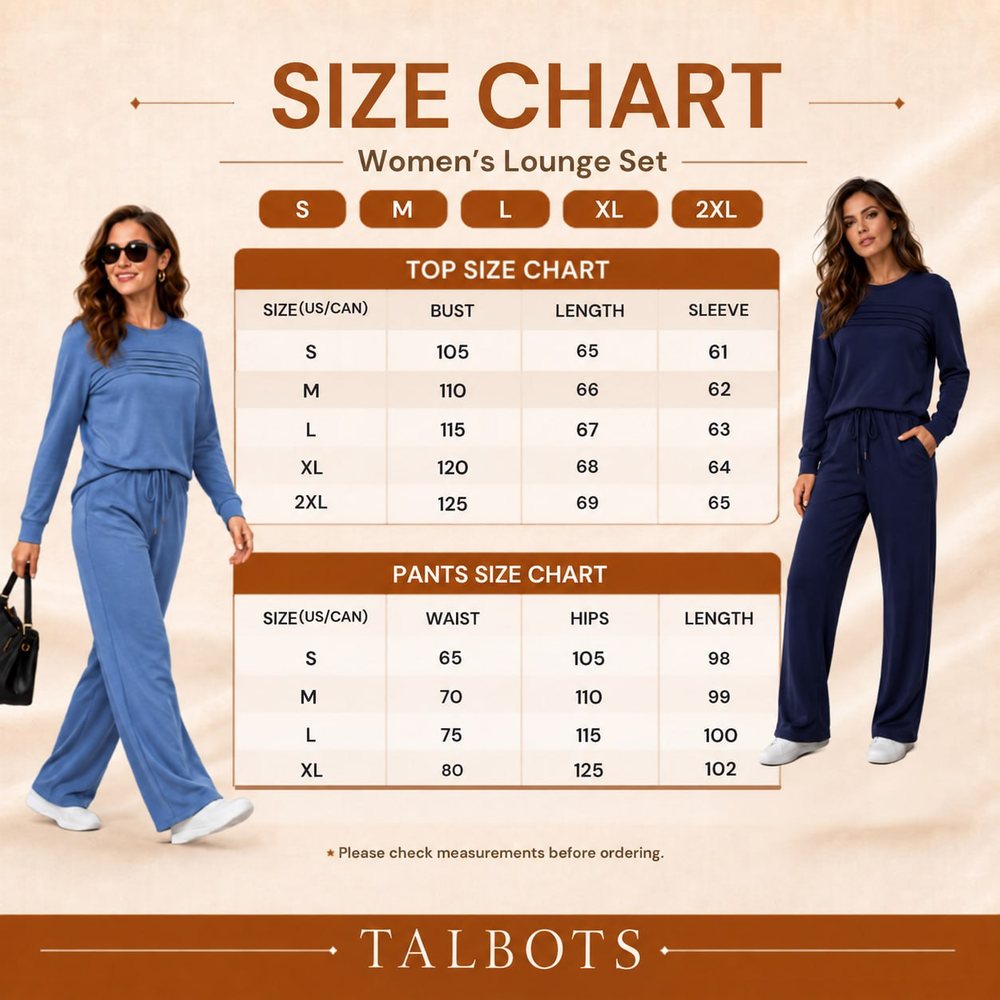 Size chart for the women's lounge set, S to 2XL